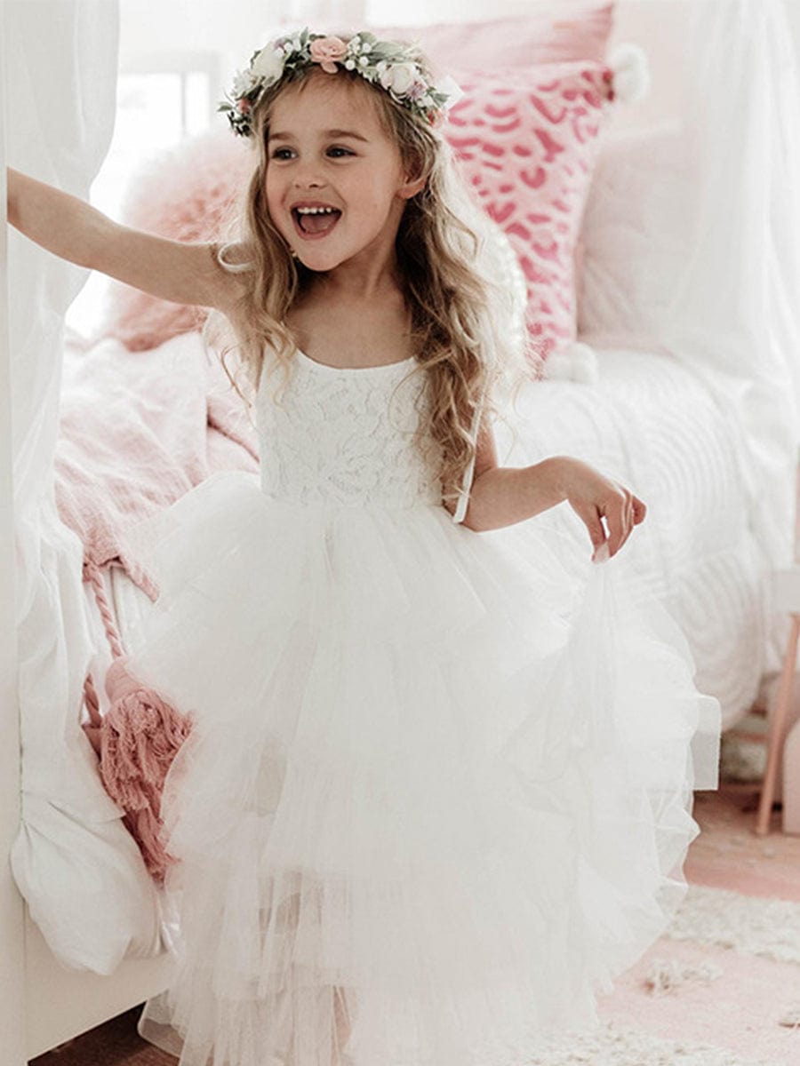 Multi-Layered Tulle Princess Flower Girl Dress with Spaghetti Straps