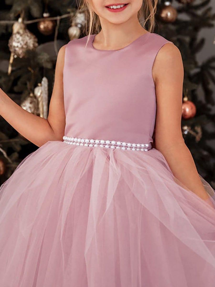 Satin Beaded Tulle Princess Flower Girl Dress With Back Bow