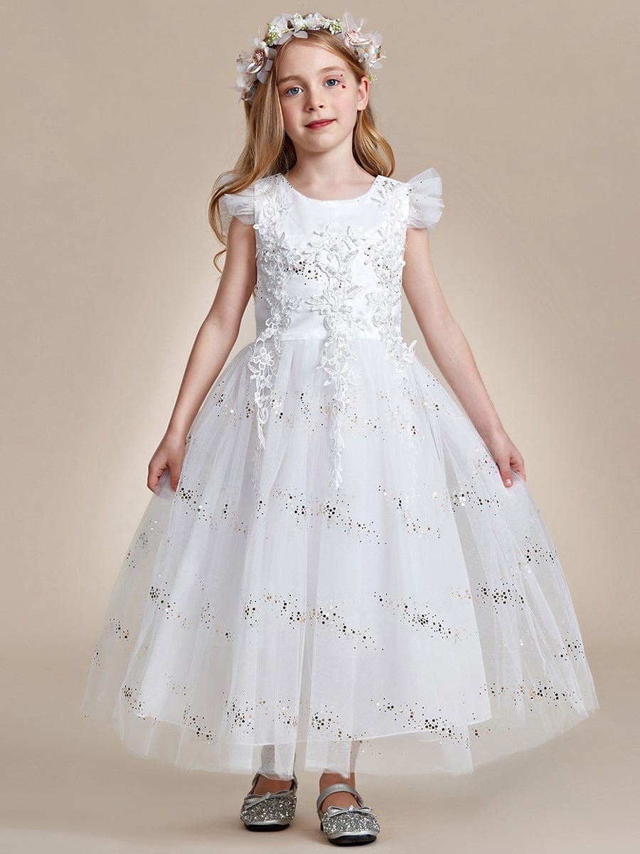 Lace and Sparkle Princess Flower Girl Dress with Flutter Sleeves