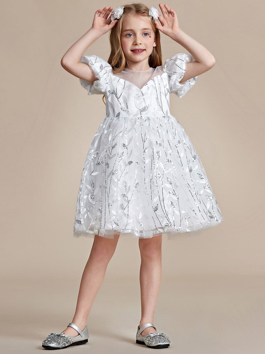 Sparkling A-line Flower Girl Dress with Puffy Sleeves