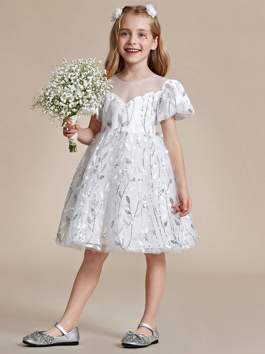 Sparkling A-line Flower Girl Dress with Puffy Sleeves