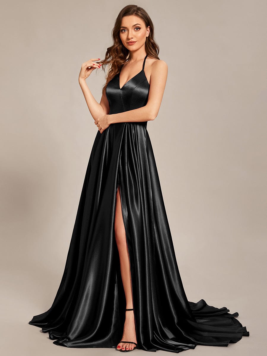 Custom Size Halter Neck Long High Slit Satin Prom Dress