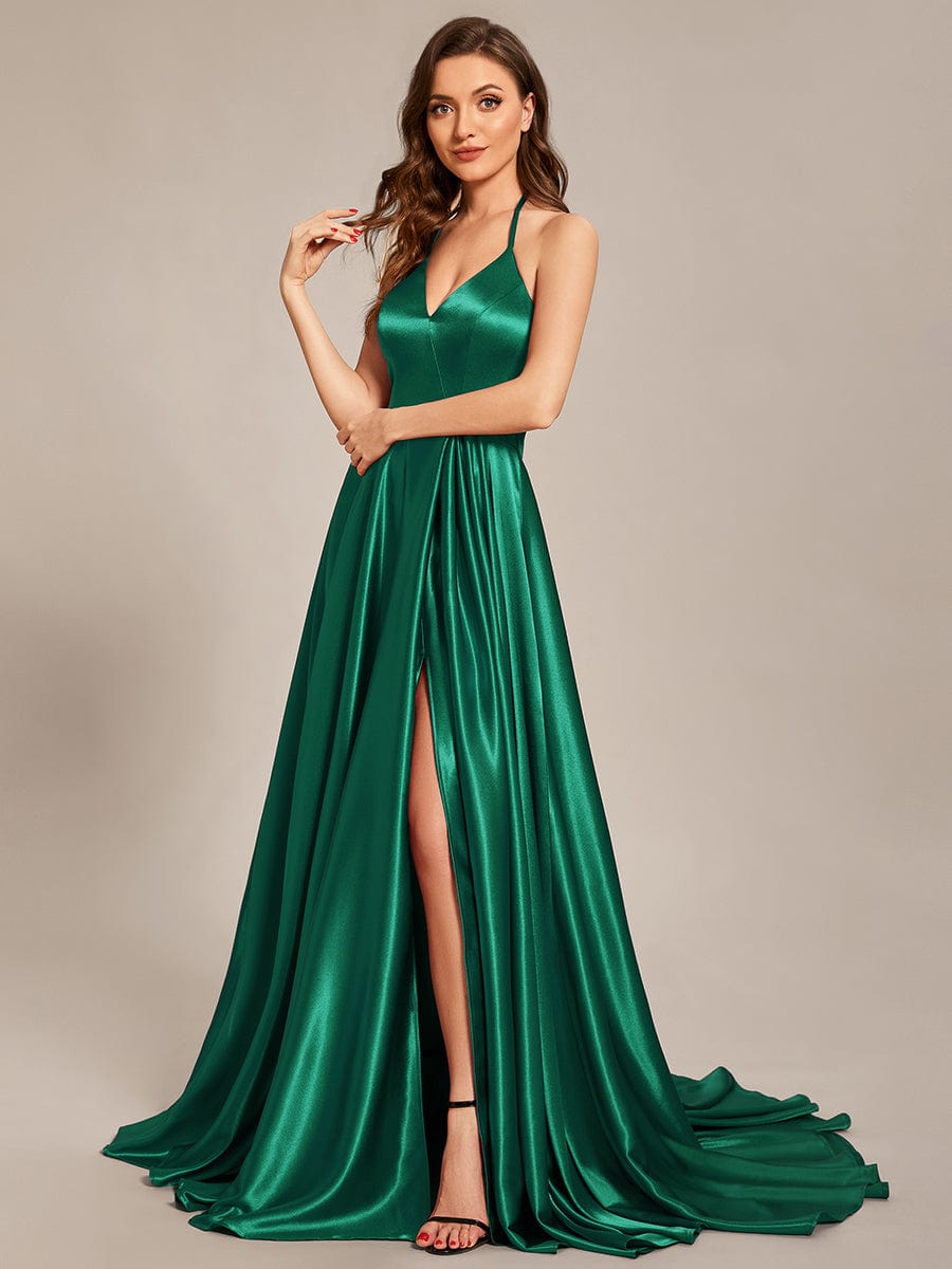 Custom Size Halter Neck Long High Slit Satin Prom Dress