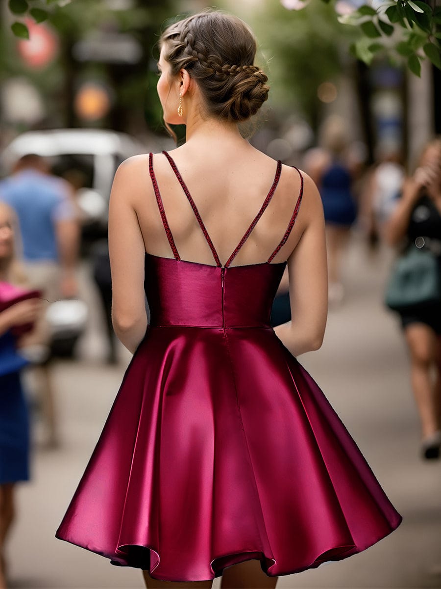 Satin Spaghetti Strap A-Line Backless Short Homecoming Dress