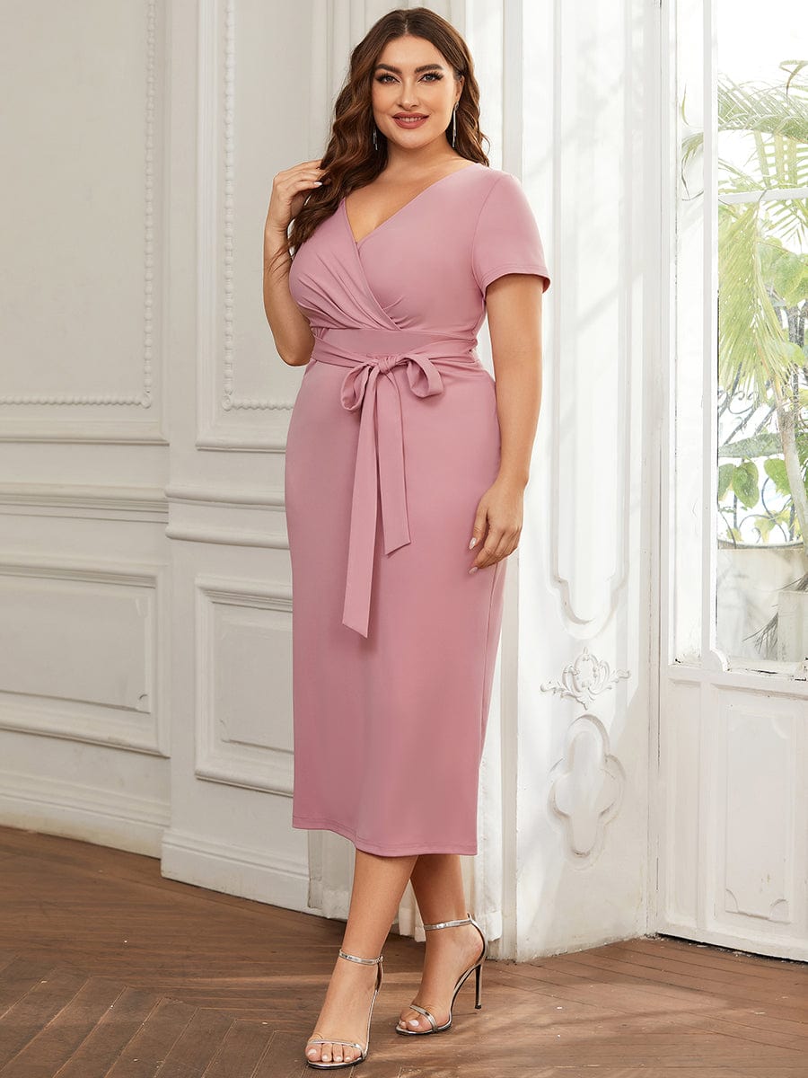 Chic Short Sleeve V-Neck Tie-Waist High Sheath Wedding Guest Dress