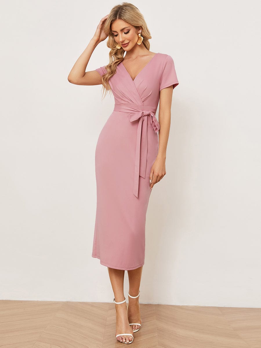 Chic Short Sleeve V-Neck Tie-Waist High Sheath Wedding Guest Dress