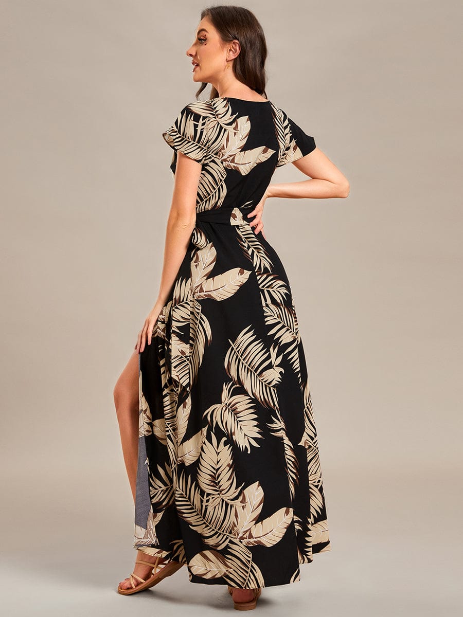 One-Piece Printed Short Sleeve Tie-Waist Wedding Guest Dress