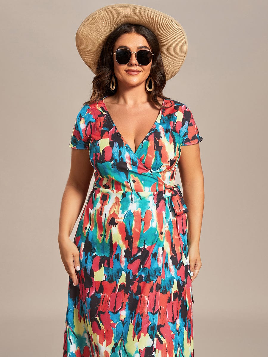 One-Piece Printed Short Sleeve Tie-Waist Wedding Guest Dress