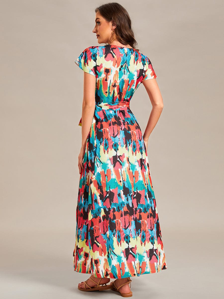 One-Piece Printed Short Sleeve Tie-Waist Wedding Guest Dress