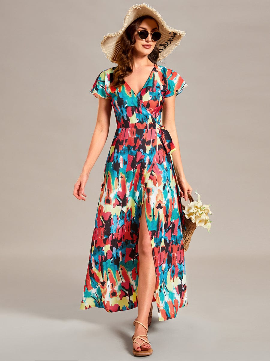 One-Piece Printed Short Sleeve Tie-Waist Wedding Guest Dress