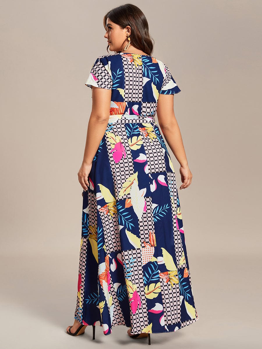 One-Piece Printed Short Sleeve Tie-Waist Wedding Guest Dress