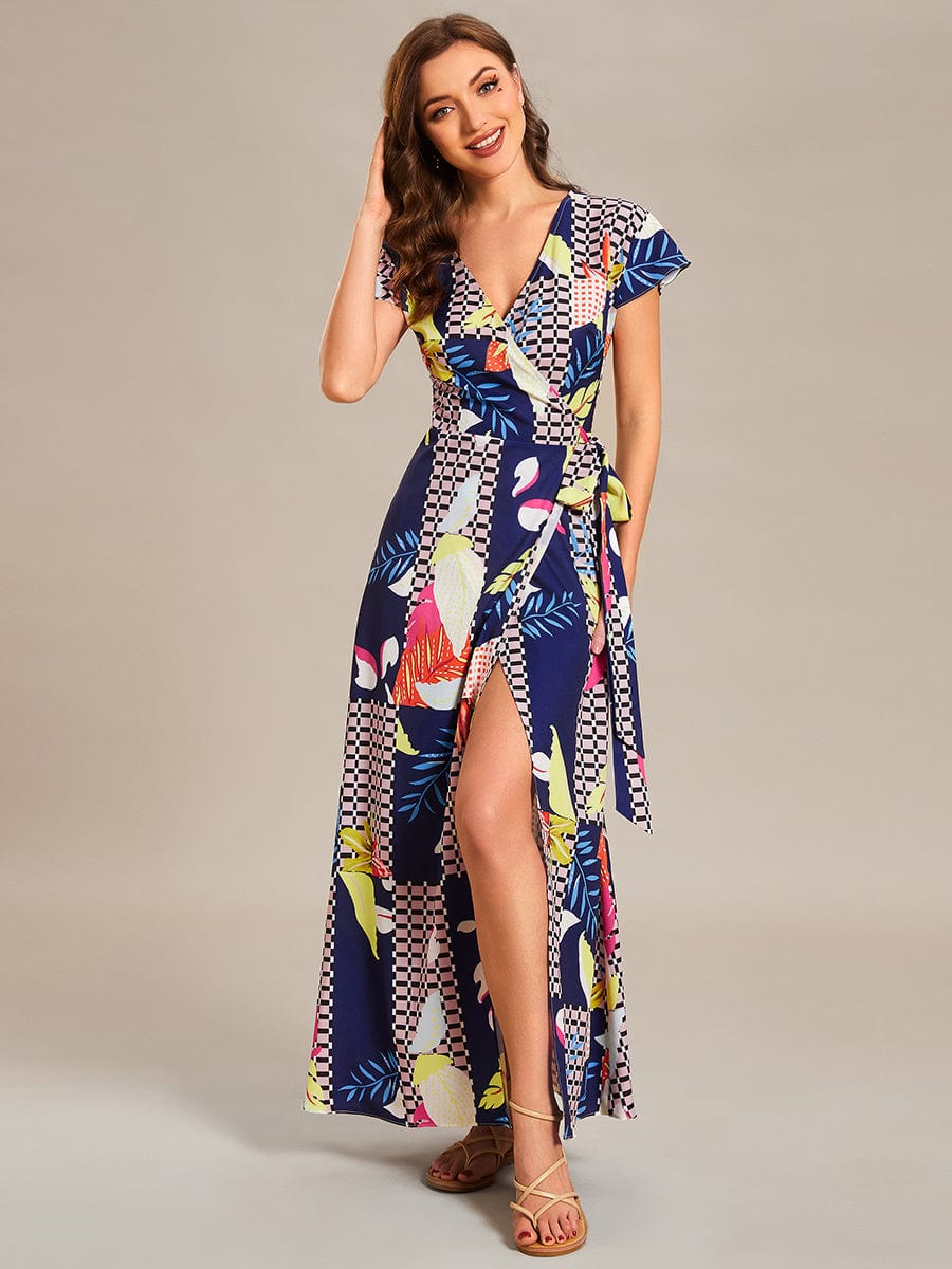 One-Piece Printed Short Sleeve Tie-Waist Wedding Guest Dress