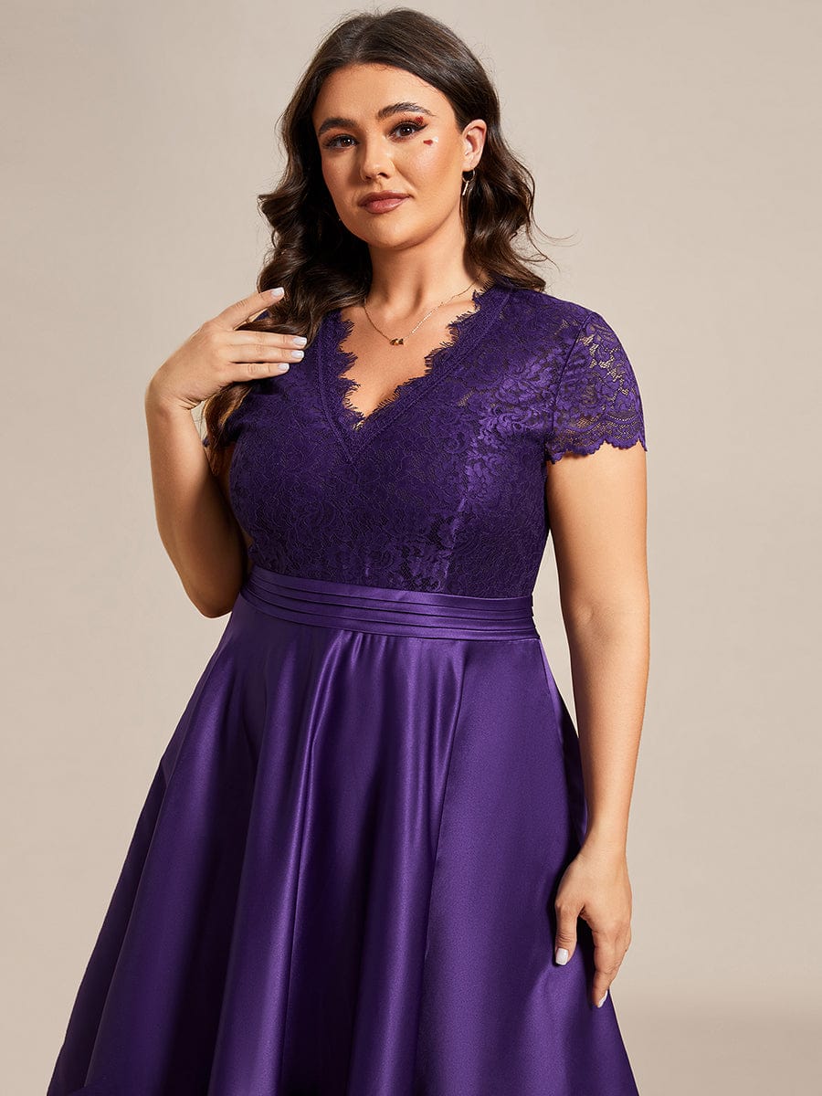 Plus Size Lace Cap Sleeve V neck Midi Formal Dress