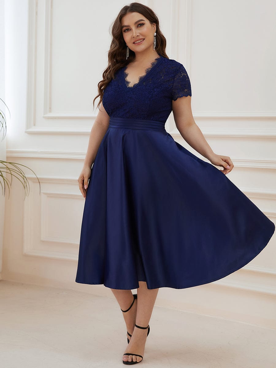 Plus Size Lace Cap Sleeve V neck Midi Formal Dress