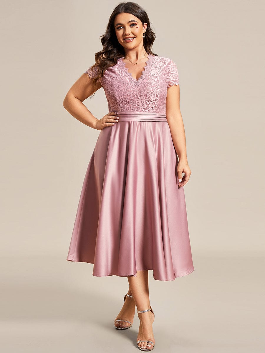 Embroidered Floral V Neck Short Sleeves Midi A-Line Formal Dress