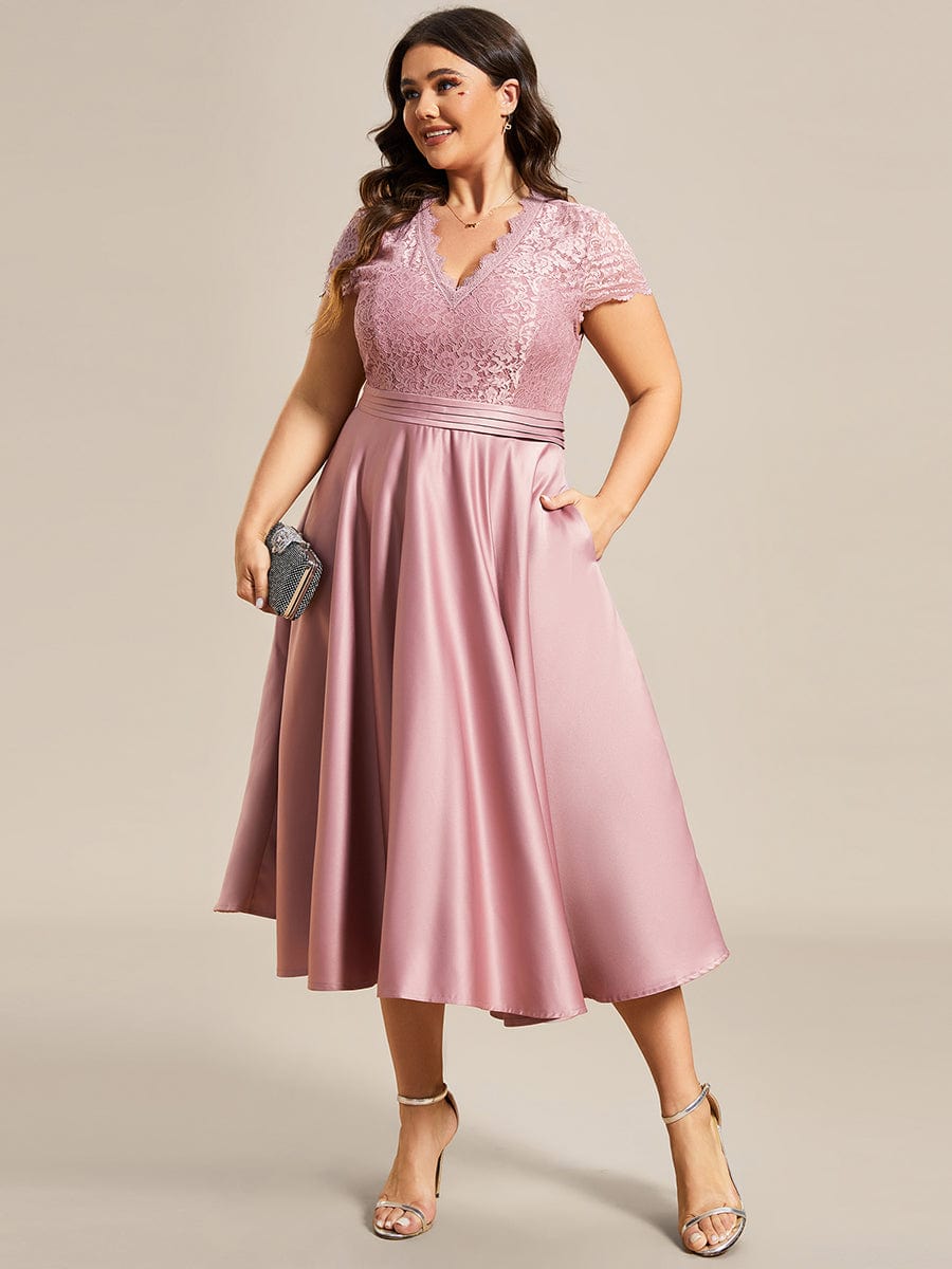 Plus Size Lace Cap Sleeve V neck Midi Formal Dress