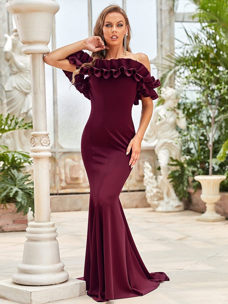 Sweet Ruffled Off Shoulder Mermaid Maxi Evening Dress