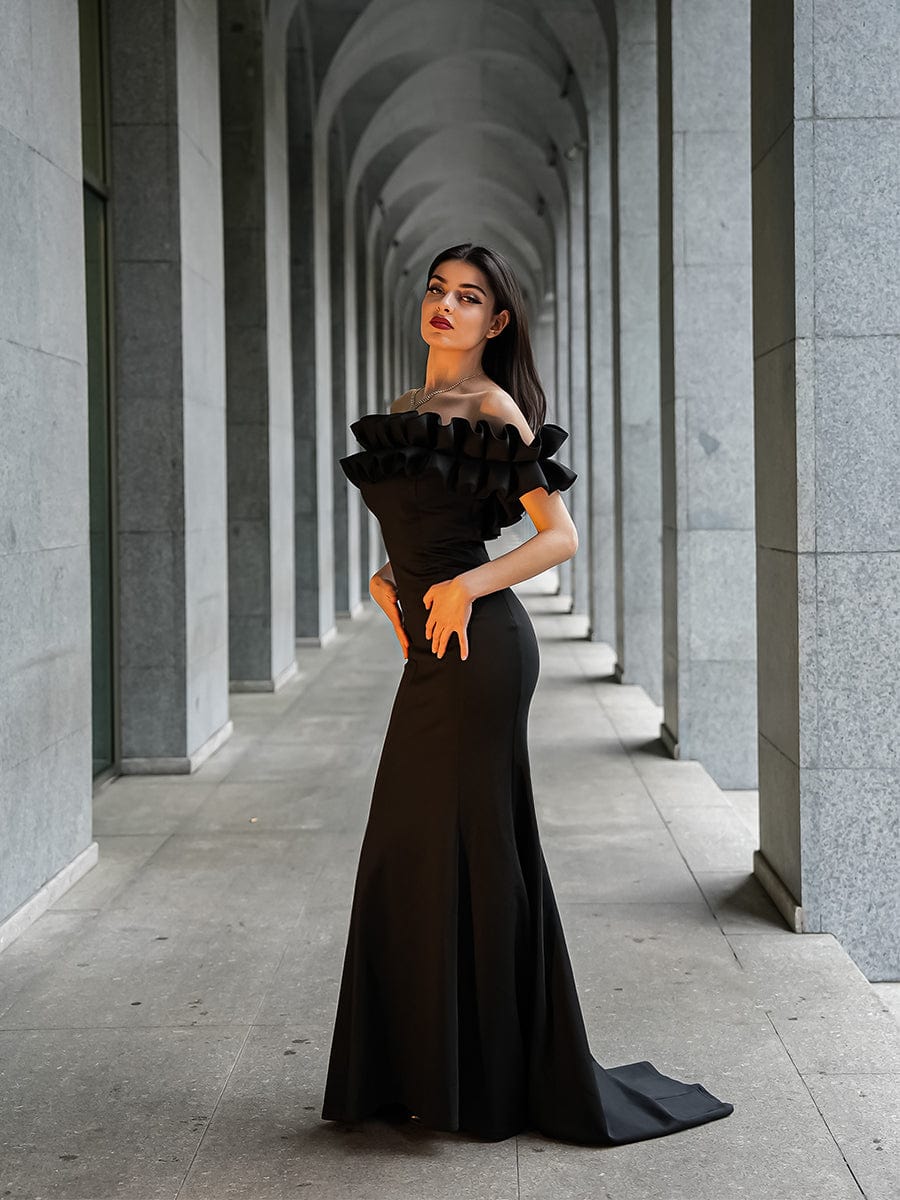 Sweet Ruffled Off Shoulder Mermaid Maxi Evening Dress