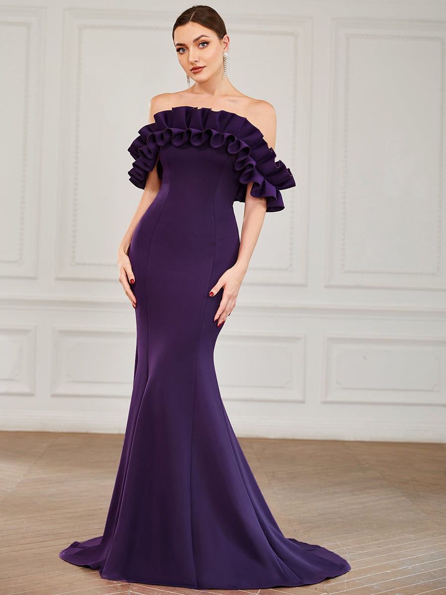 Sweet Ruffled Off Shoulder Mermaid Maxi Evening Dress