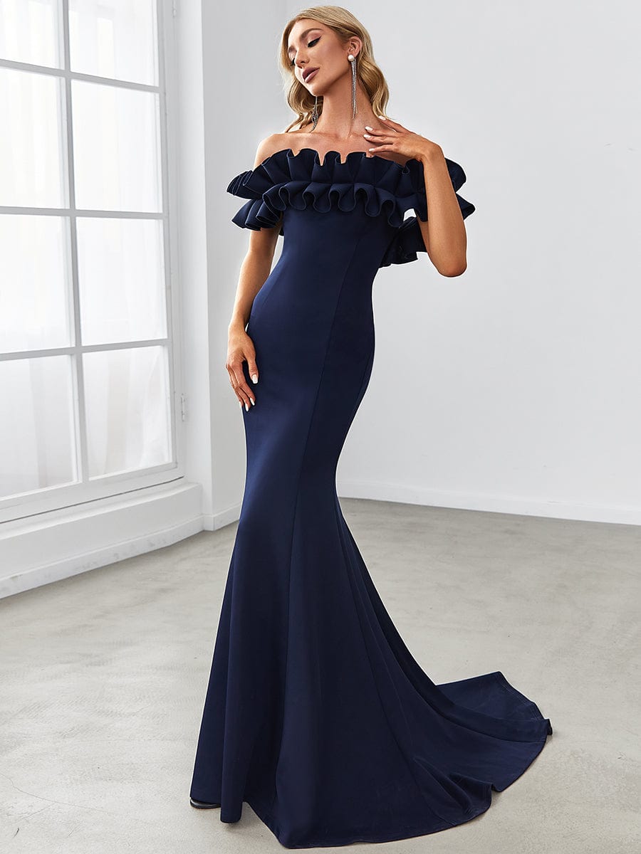 Sweet Ruffled Off Shoulder Mermaid Maxi Evening Dress