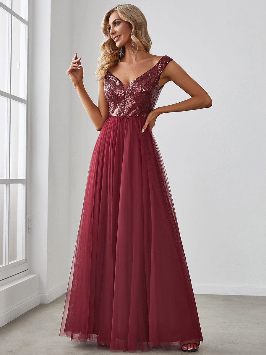 Off Shoulder Tulle & Sequin Sleeveless Evening Dress