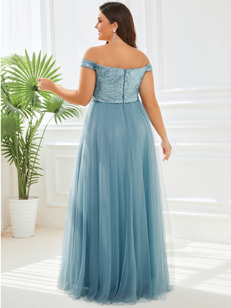 Off Shoulder Tulle & Sequin Sleeveless Evening Dress