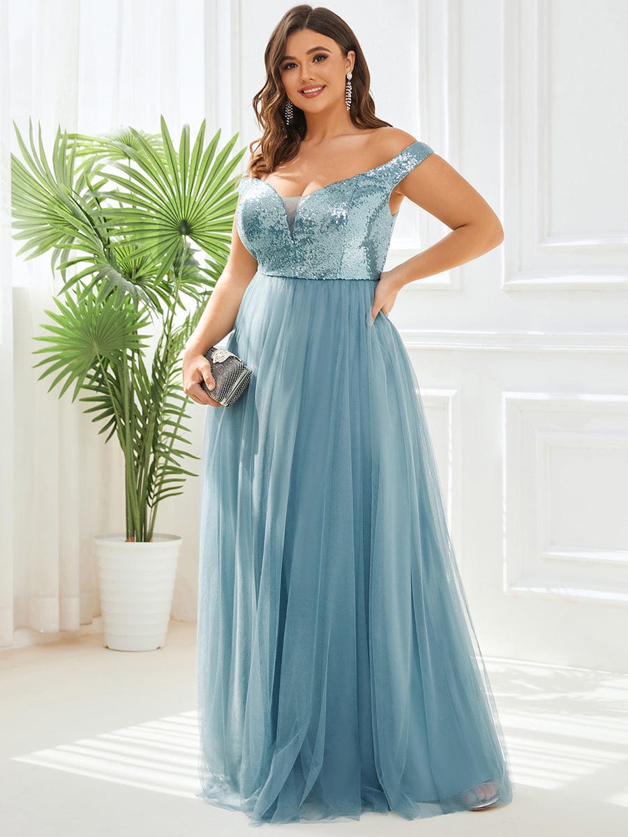 Plus Size Stunning High Waist Tulle & Sequin Sleeveless Evening Dress