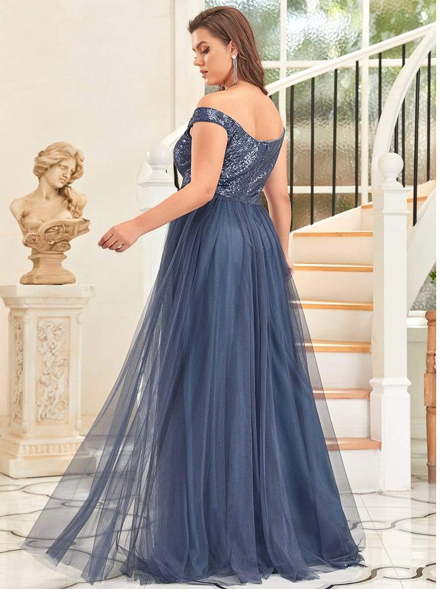 Off Shoulder Tulle & Sequin Sleeveless Evening Dress