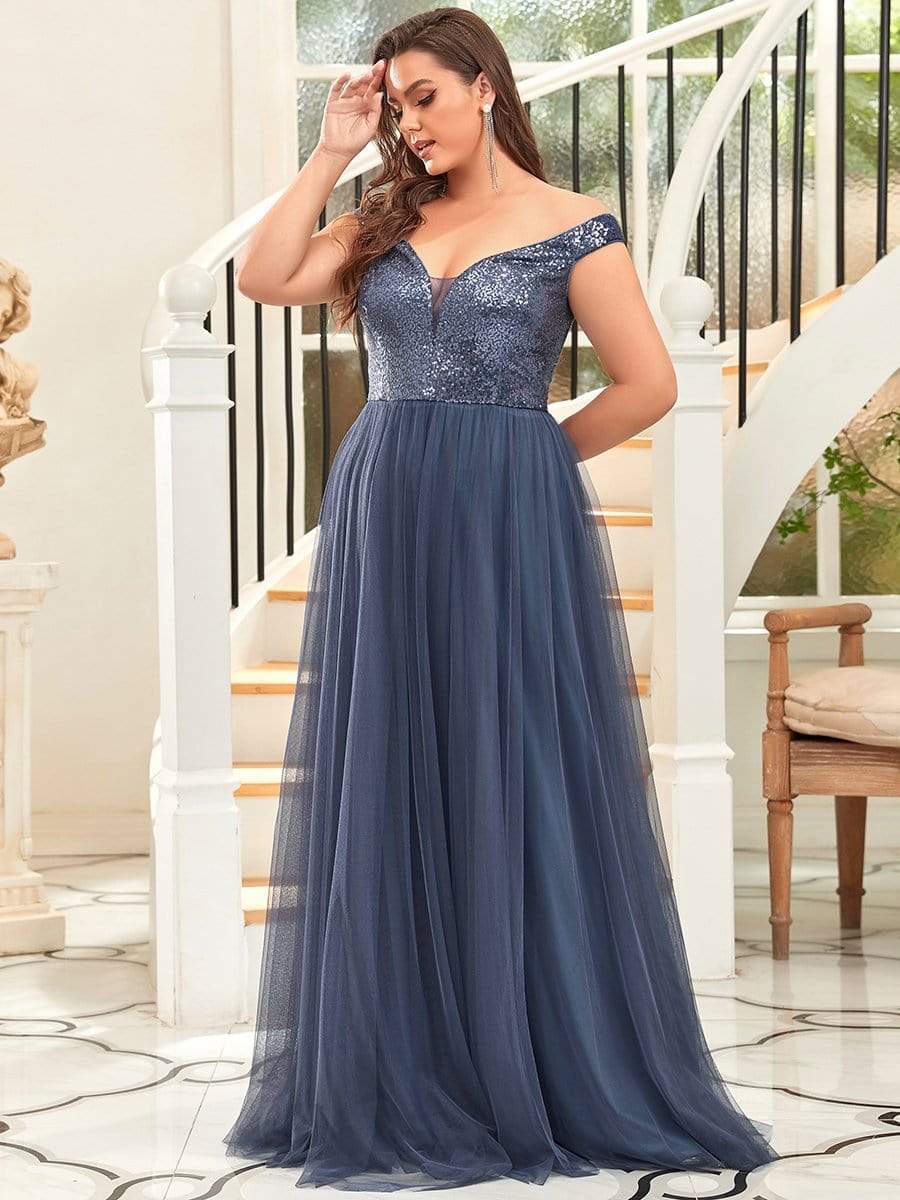 Plus Size Stunning High Waist Tulle & Sequin Sleeveless Evening Dress