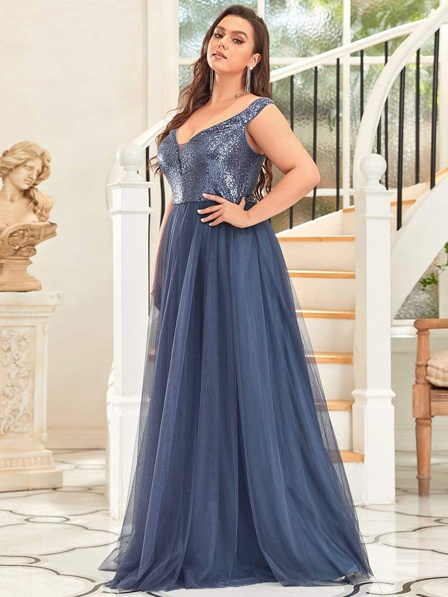 Plus Size Stunning High Waist Tulle & Sequin Sleeveless Evening Dress