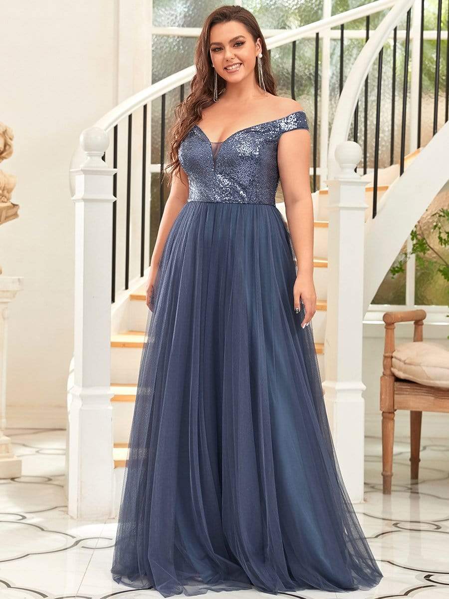 Plus Size Stunning High Waist Tulle & Sequin Sleeveless Evening Dress