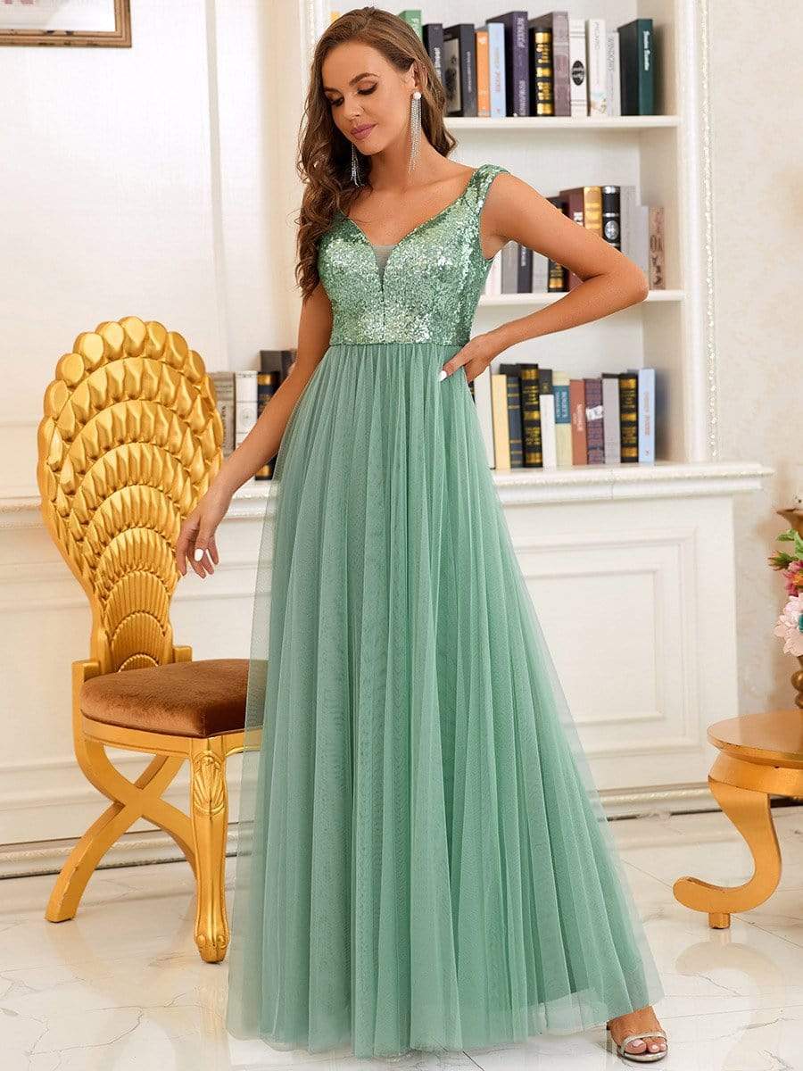 Off Shoulder Tulle & Sequin Sleeveless Evening Dress