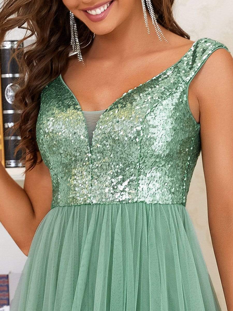 Stunning High Waist Tulle & Sequin Sleeveless Evening Dress