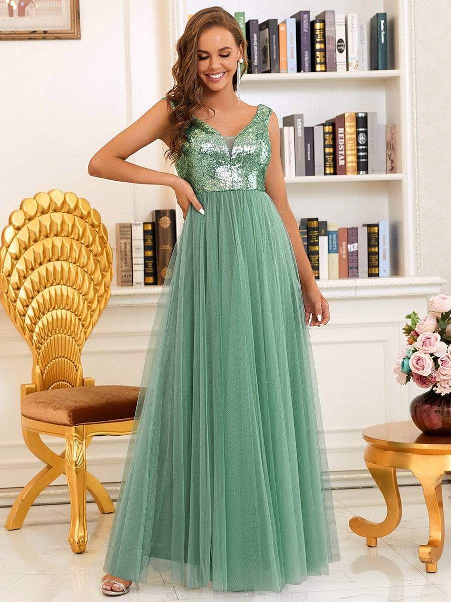 Off Shoulder Tulle & Sequin Sleeveless Evening Dress