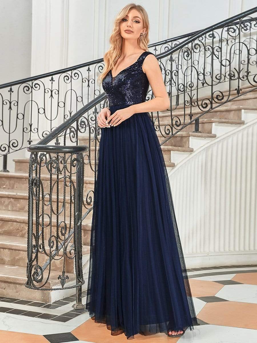 Stunning High Waist Tulle & Sequin Sleeveless Evening Dress