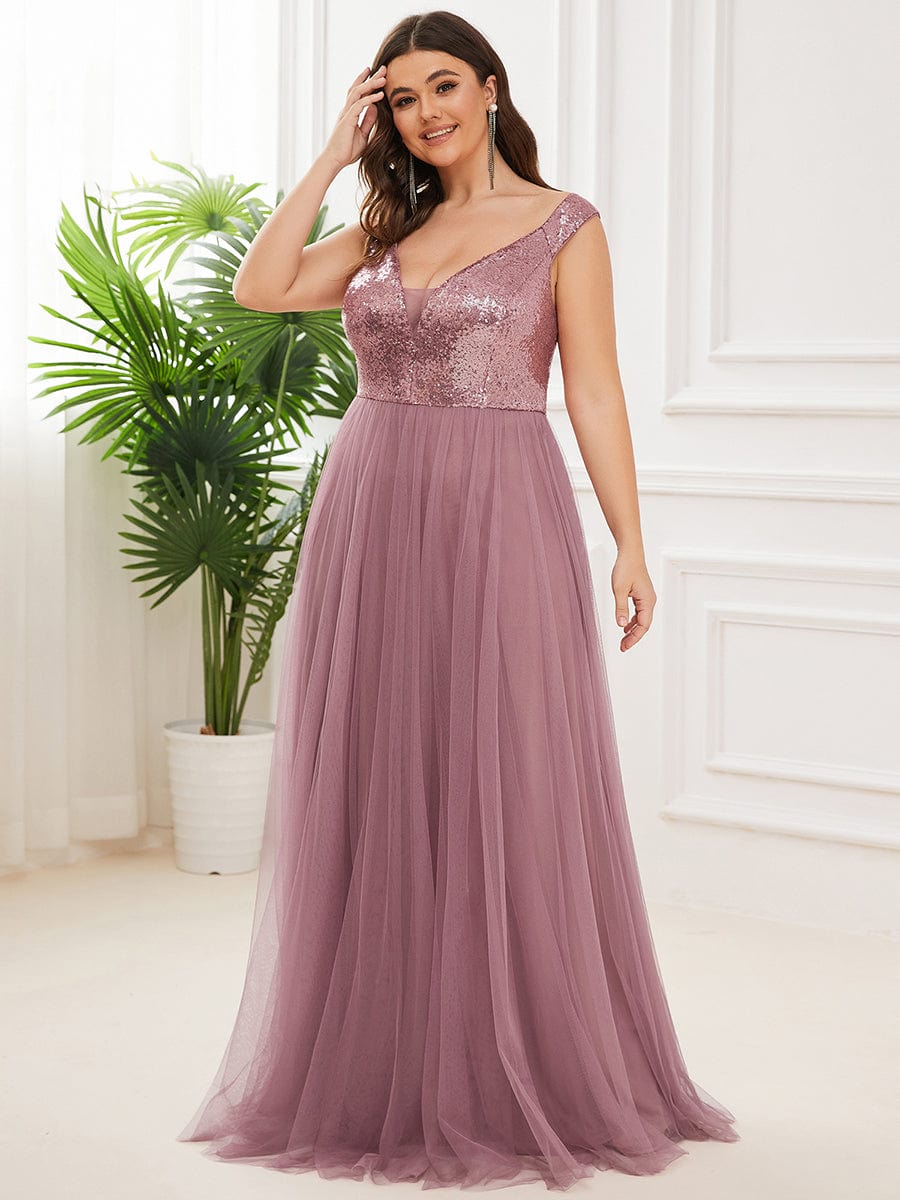 Plus Size Stunning High Waist Tulle & Sequin Sleeveless Evening Dress