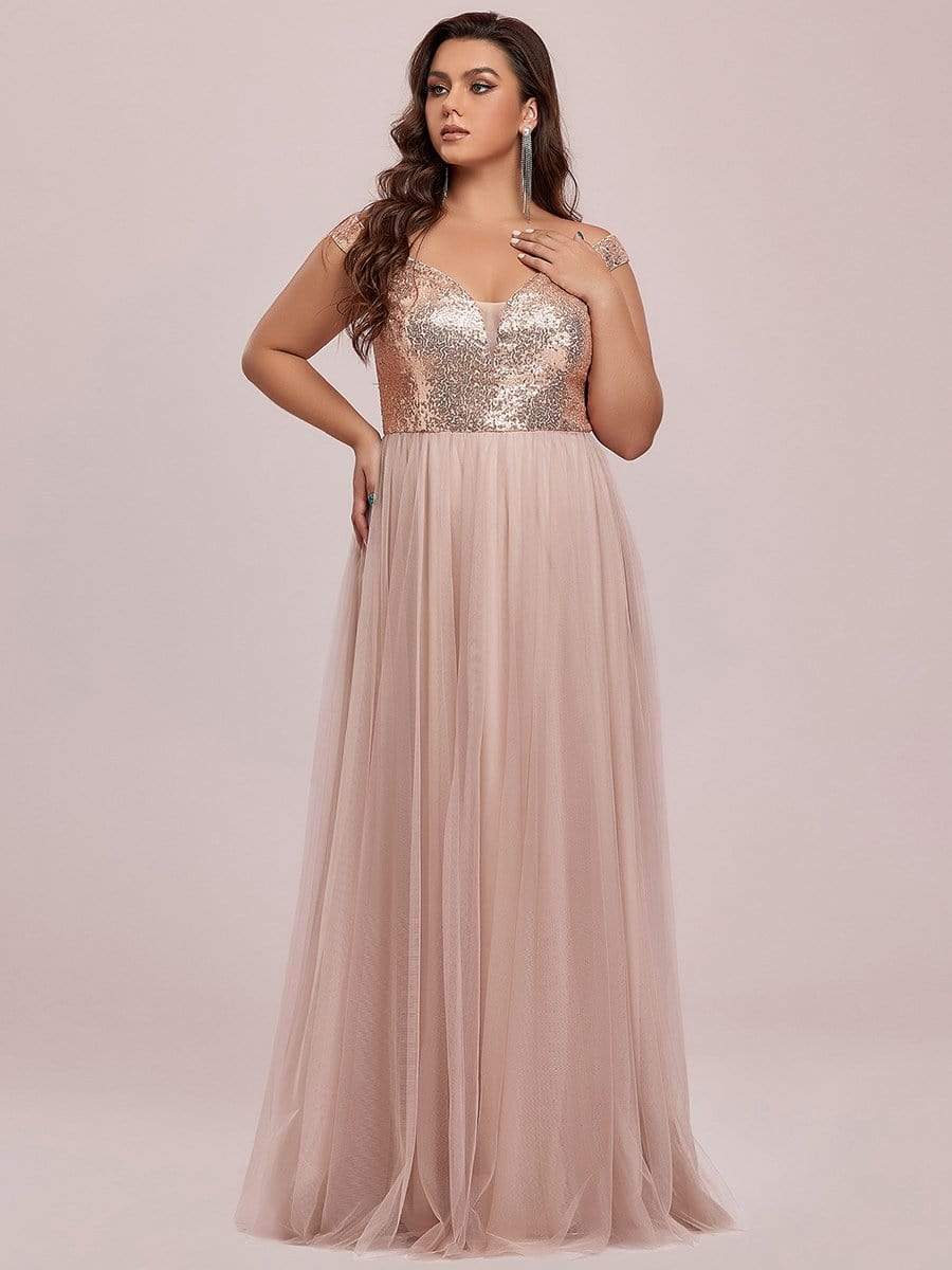 Plus Size Stunning High Waist Tulle & Sequin Sleeveless Evening Dress