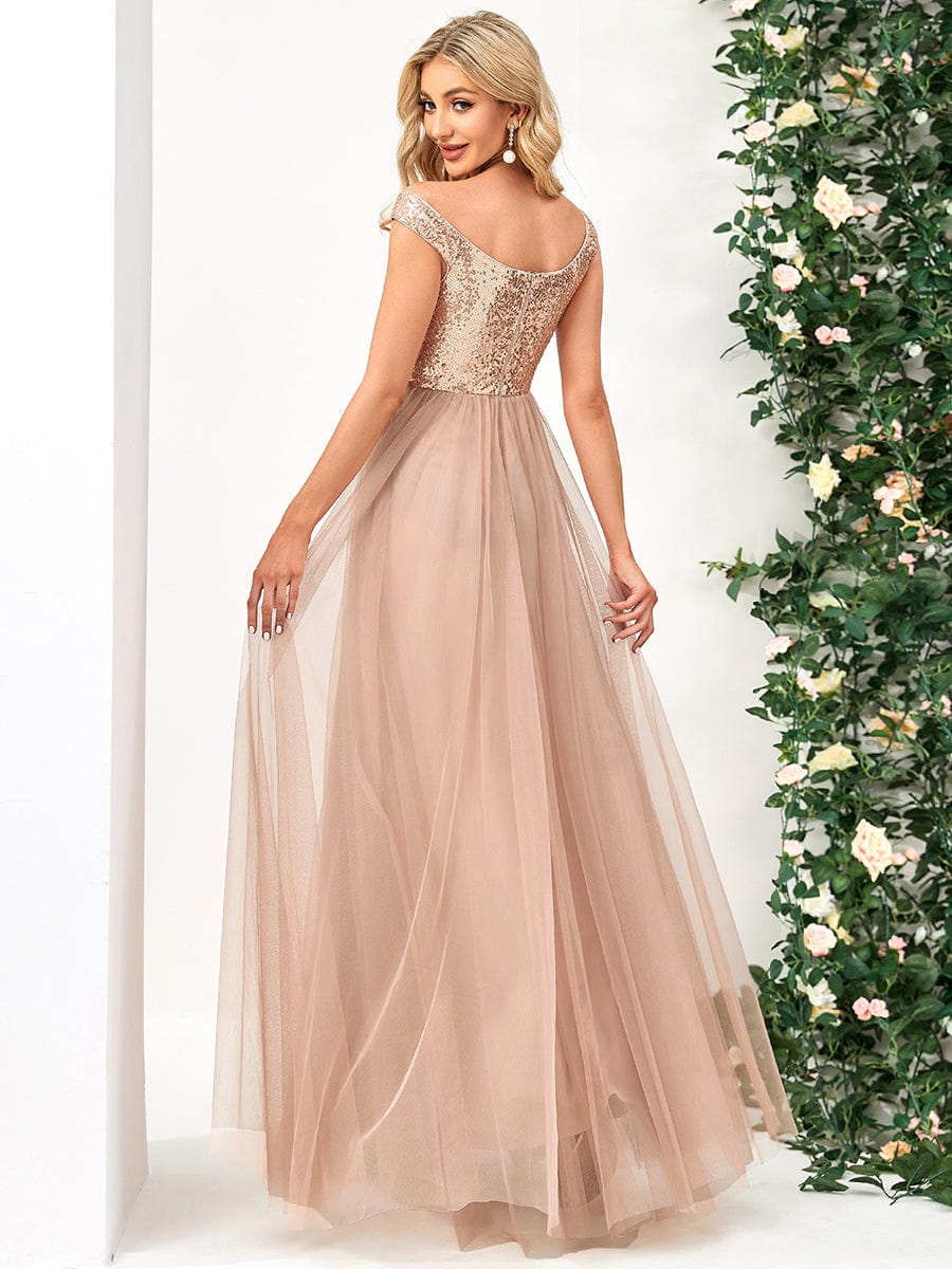 Off Shoulder Tulle & Sequin Sleeveless Evening Dress