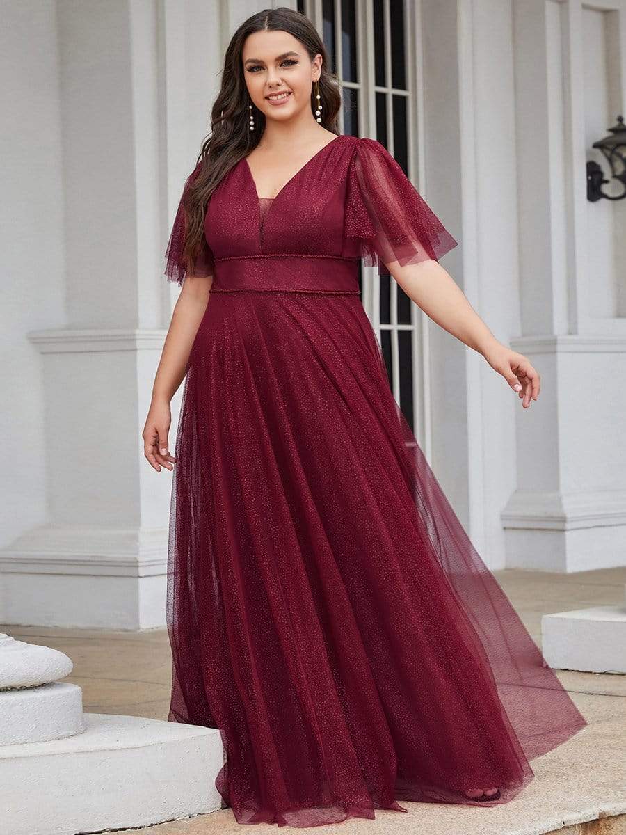 Cute Deep V Neck Maxi A-Line Tulle Evening Dress