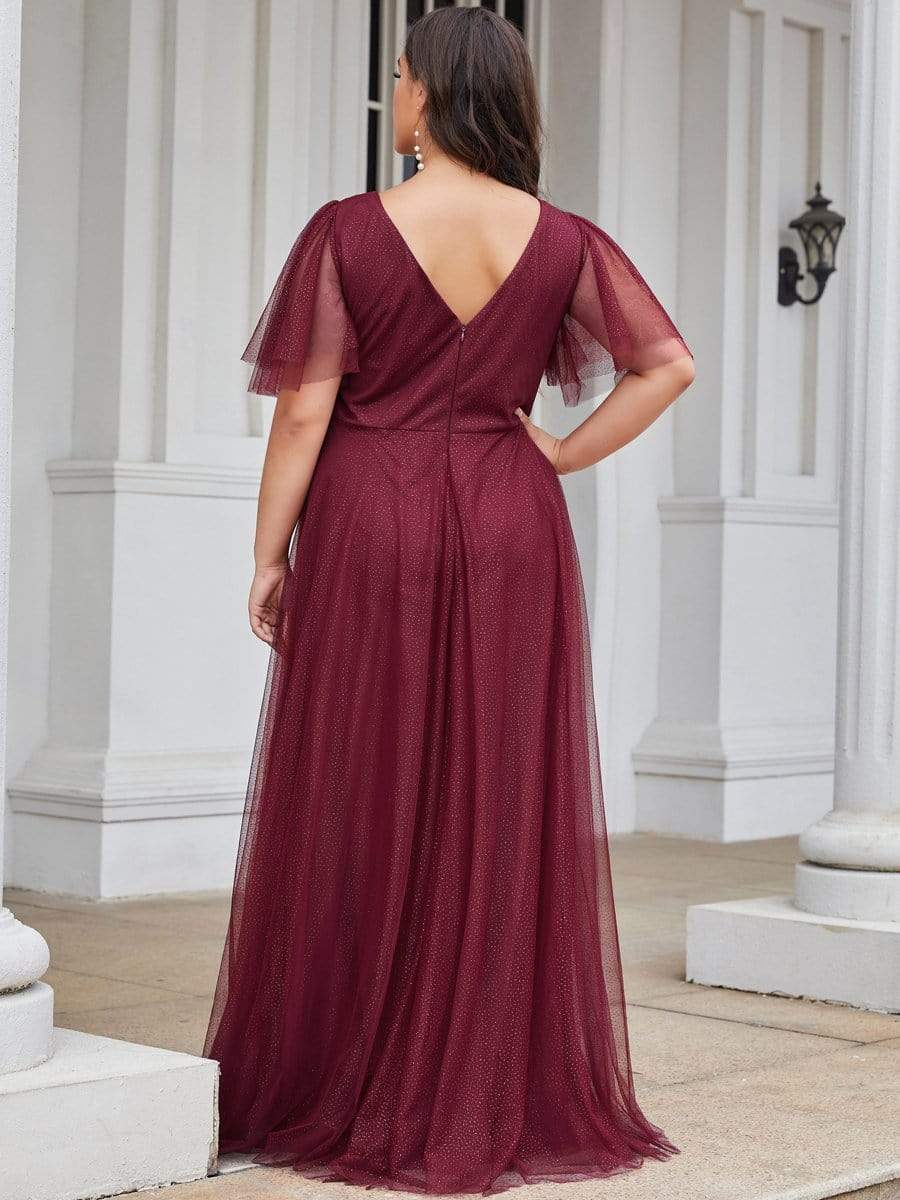 Cute Deep V Neck A-Line Tulle Long Wedding Guest Dress