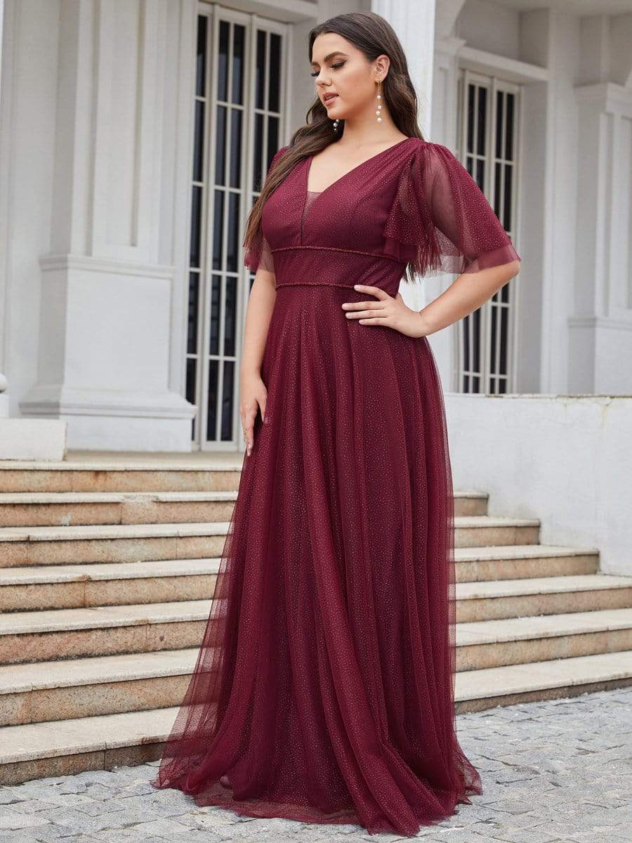 Romantic Plus Size Tulle Evening Dress with Deep V Neck