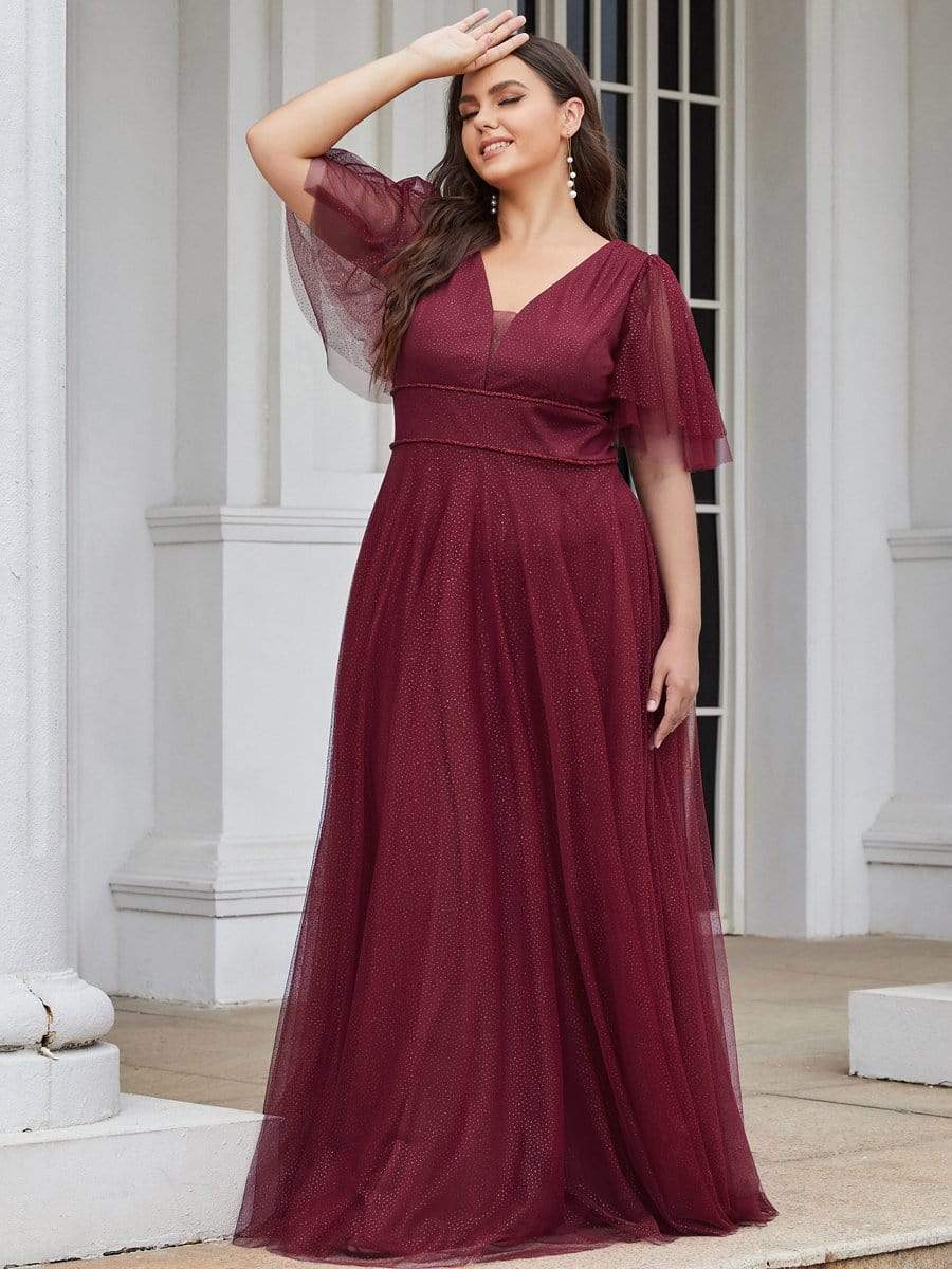 Romantic Plus Size Tulle Evening Dress with Deep V Neck