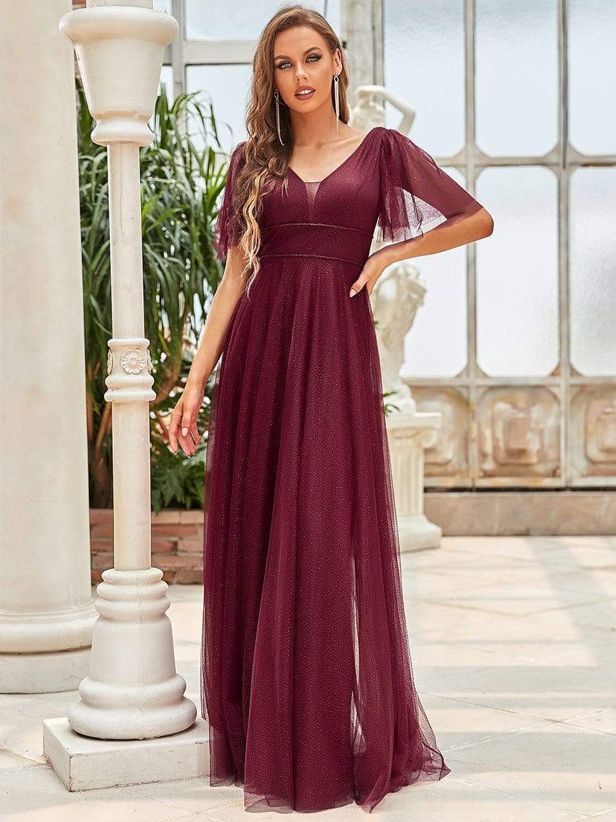 Cute Deep V Neck A-Line Tulle Long Wedding Guest Dress