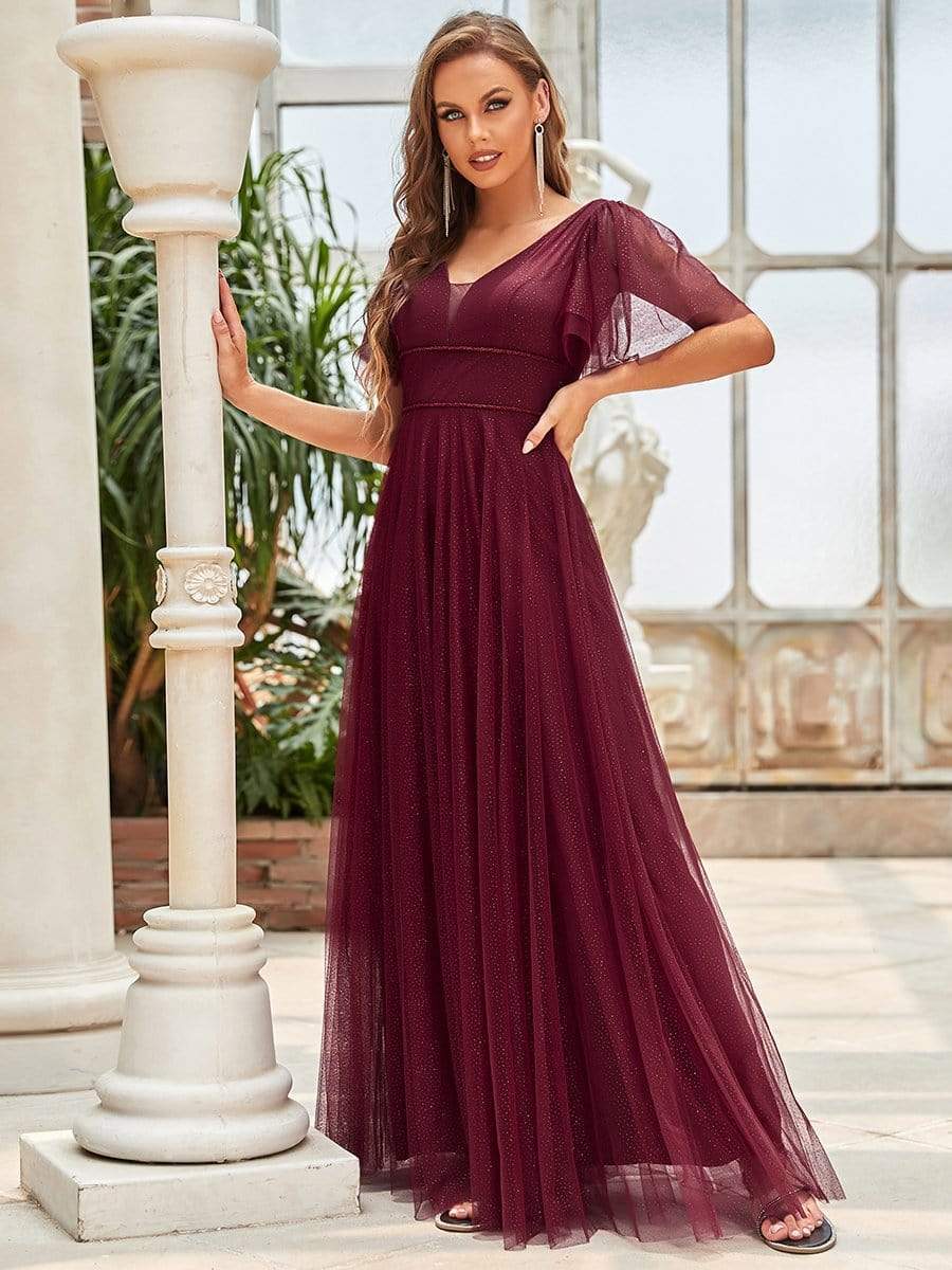 Cute Deep V Neck A-Line Tulle Long Wedding Guest Dress