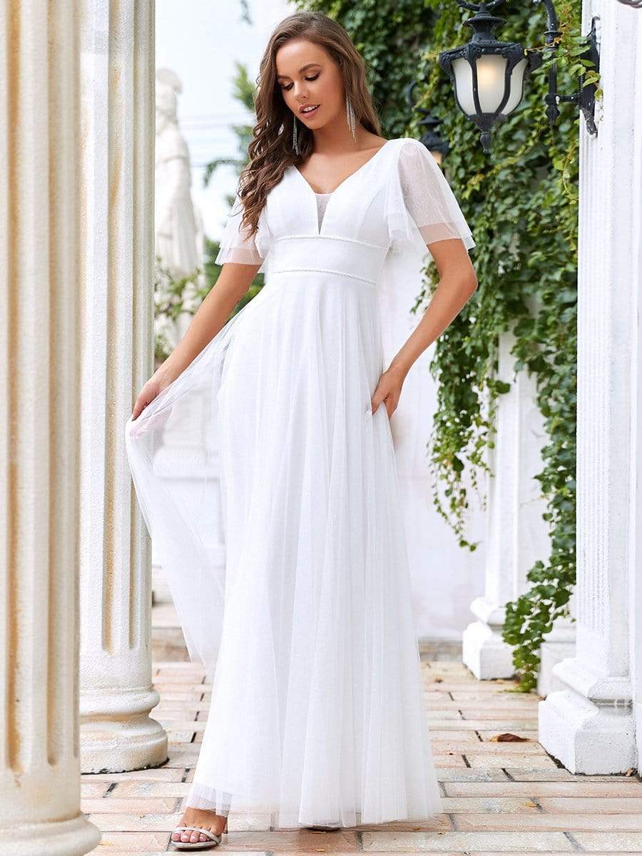 Cute Deep V Neck Maxi A-Line Tulle Evening Dress