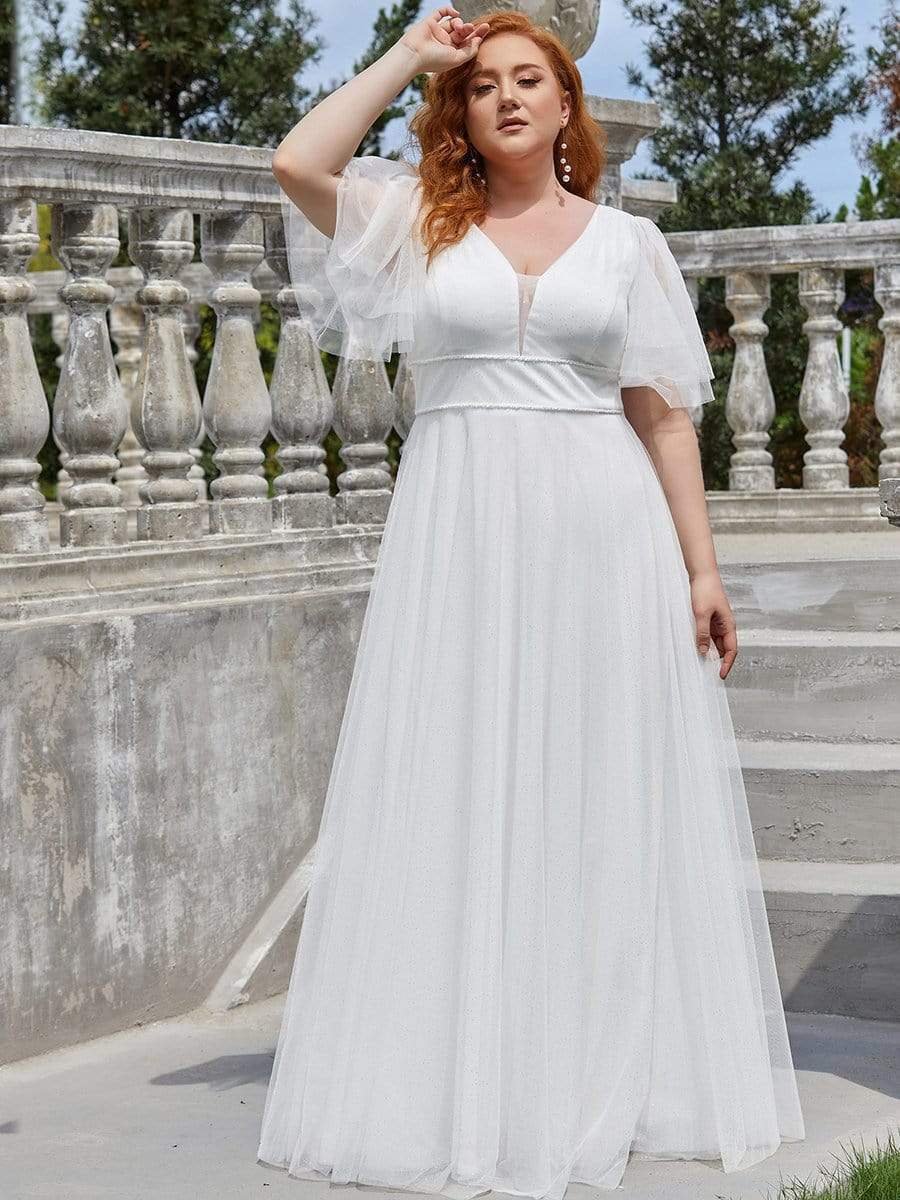 Romantic Plus Size Tulle Evening Dress with Deep V Neck