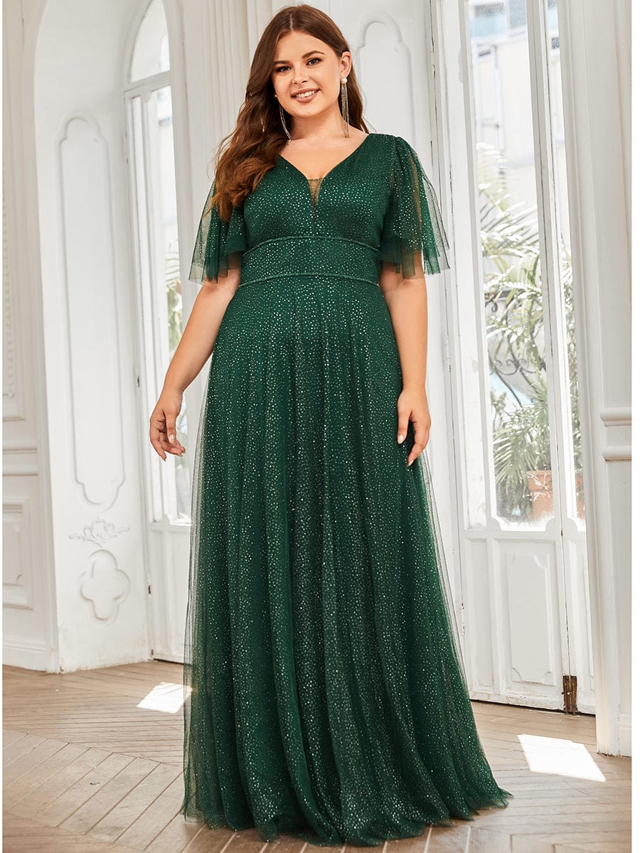 Cute Deep V Neck Maxi A-Line Tulle Evening Dress