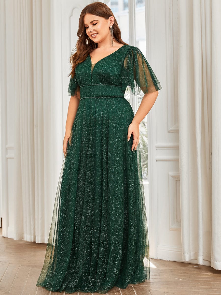 Romantic Plus Size Tulle Evening Dress with Deep V Neck