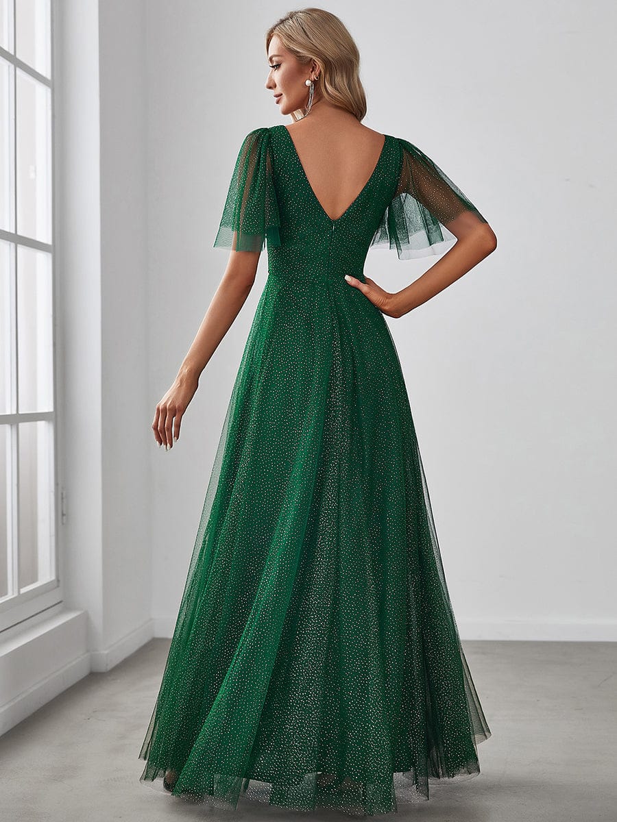 Cute Deep V Neck Maxi A-Line Tulle Evening Dress