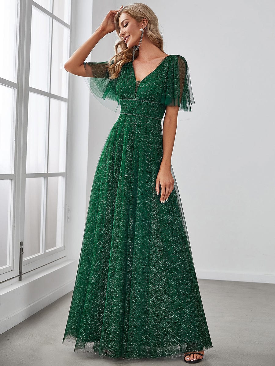 Cute Deep V Neck Maxi A-Line Tulle Evening Dress